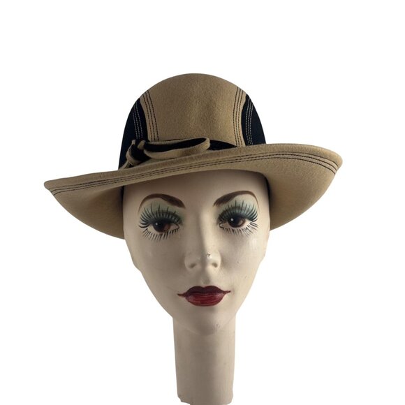 Vintage 60s Mod Fedora Womens Nadelle Beige Black Colorblock Furfelt Hat main image 15